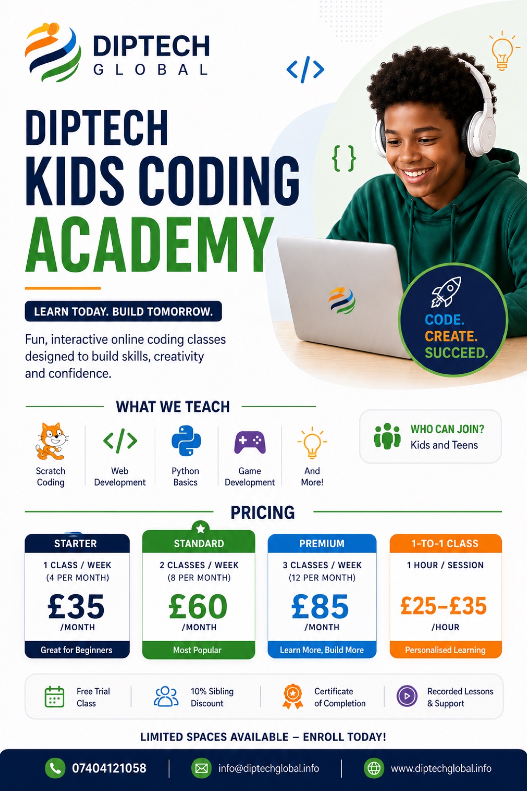 DipTech Kids Coding Academy classes and pricing flyer